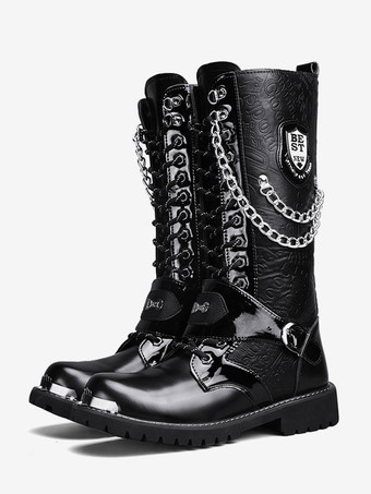 Kniehohe Arbeitsstiefel für Herren PU-Leder runde Zehen Kampfstiefel Schnallen mentale Ketten Steampunk-Stiefel