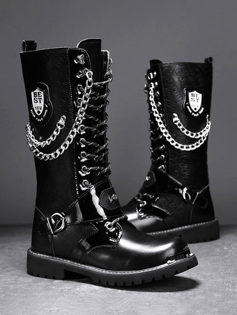 Kniehohe Arbeitsstiefel für Herren PU-Leder runde Zehen Kampfstiefel Schnallen mentale Ketten Steampunk-Stiefel