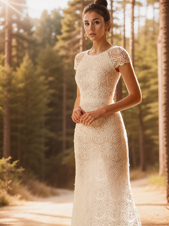 ウェディングドレス スイープ マーメイド 半袖 レース ジュエルネック ブライダルドレス