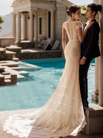 ウェディングドレス スイープ マーメイド 半袖 レース ジュエルネック ブライダルドレス