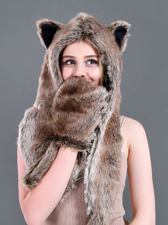 ライトブラウン秋冬用の柔らかいフェイクファーハット動物の形の女性のキャップ