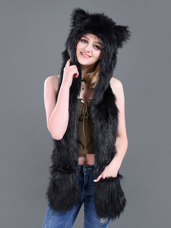 ブラック 秋冬用の柔らかいフェイクファーハット動物の形の女性のキャップ