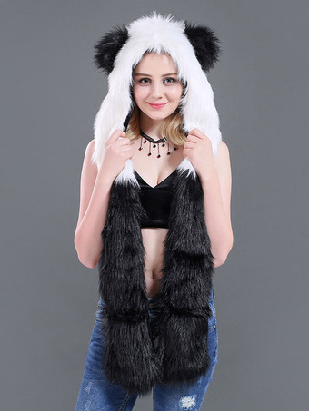ホワイト＋ブラック秋冬用の柔らかいフェイクファーハット動物の形の女性のキャップ