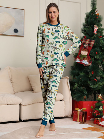 アニマル柄パジャマ ラウンドネック 長袖 袖口2枚セット