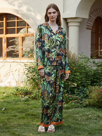 グリーン プランツ プリント パジャマ 長袖 フロントボタン 2枚組 パジャマ