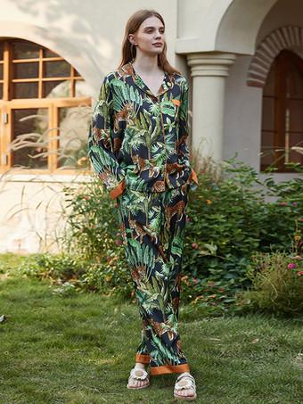 Plants Printed Pajamas Long Sleeves Front Button 2 Pieces Set Pyjamas -  Milanoo.com