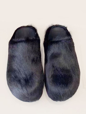 Black Women Winter Slippers Faux Fur Hair Round Toe slides