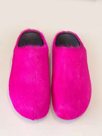 Women Winter Slippers Faux Fur Hair Calf Leather Round Toe Slippers