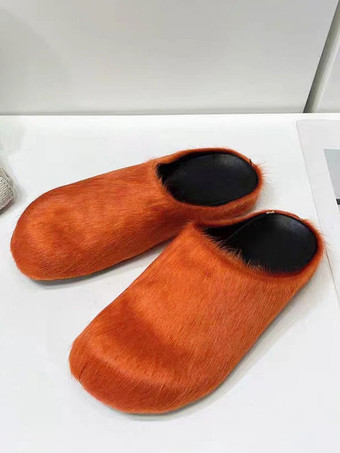 OrangeWomen Winter Slippers Faux Fur Hair Round Toe slides