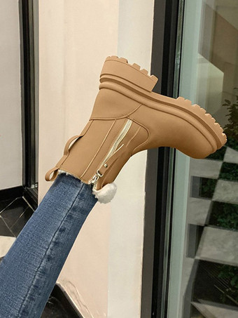 レディース ウィンター ブーツ カーキ ジッパー ラウンド トゥ ショート プラッシュ アンクル ブーツ