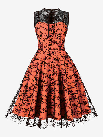 オレンジ 刺繍入りドレス ラウンドネック ノースリーブ レースアップ レトロ グラマー ドレス