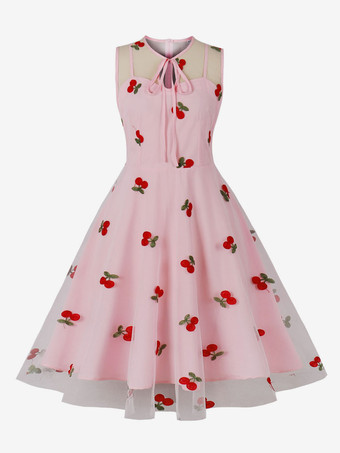 ピンク刺繍入りドレス ラウンドネック ノースリーブ レースアップ レトロ グラマー ドレス