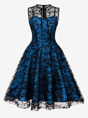 ブルー 刺繍入りドレス ラウンドネック ノースリーブ レースアップ レトロ グラマー ドレス