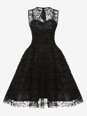 ブラック 刺繍入りドレス ラウンドネック ノースリーブ レースアップ レトロ グラマー ドレス