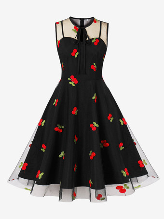 レッド＋ブラック刺繍入りドレス ラウンドネック ノースリーブ レースアップ レトロ グラマー ドレス