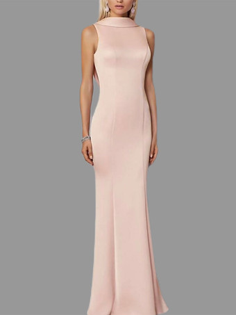 サーモンピンクイブニングドレス マーメイド ハイカラー ストレッチクレープ マキシレングスボタン フォーマルパーティードレス
