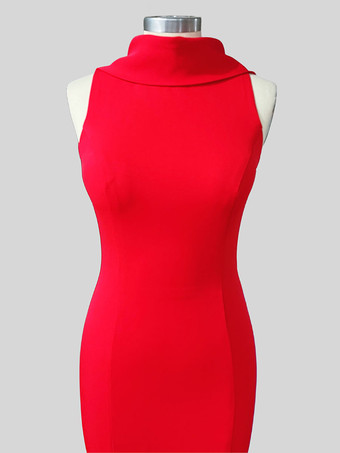 レッド イブニングドレス マーメイド ハイカラー ストレッチクレープ マキシレングスボタン フォーマルパーティードレス