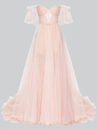 ソフトピンクイブニングドレス Aライン ストラップレス チュール ととも に トレインボウ 社交パーティードレス