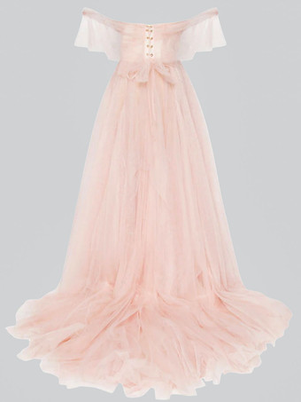 イブニングドレス Aライン ストラップレス チュール ととも に トレインボウ 社交パーティードレス