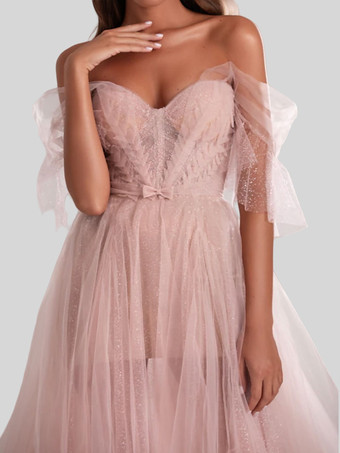 イブニングドレス Aライン ストラップレス チュール ととも に トレインボウ 社交パーティードレス