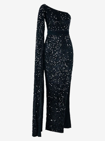 Evening Dress Sheath One-Shoulder Sequined Floor-Length Sequins Formal Dinner Dresses