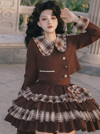 甘いロリータ衣装チョコレートチェック柄リボン長袖トップちょう結び