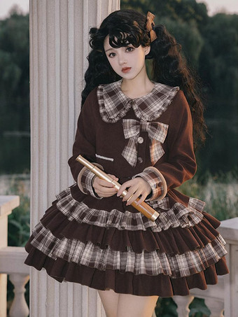チョコレート甘いロリータ衣装チョコレートチェック柄リボン長袖トップちょう結び