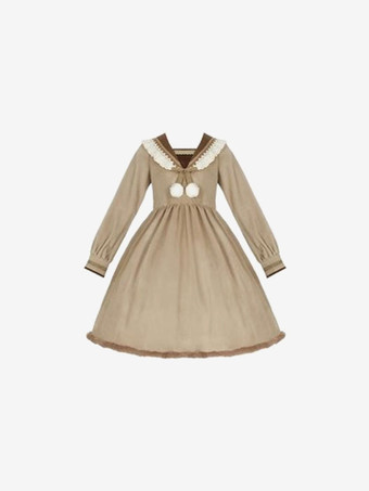 スイートロリータドレス長袖ポンポンドレスロリータドレス