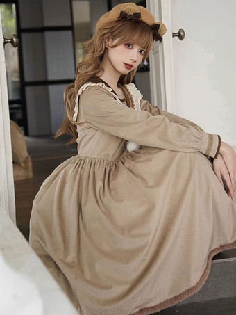 スイートロリータドレス長袖ポンポンドレスロリータドレス