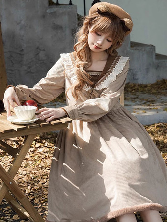 スイートロリータドレス長袖ポンポンドレスロリータドレス