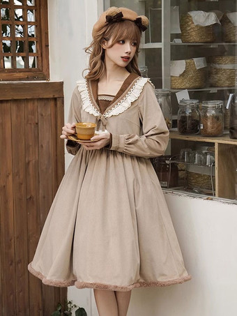 スイートロリータドレス長袖ポンポンドレスロリータドレス