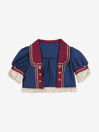 ディープブルースイート ロリータ コート ディープ ブルー グロメット フリル ポリエステル トップ コート ロリータ アウター