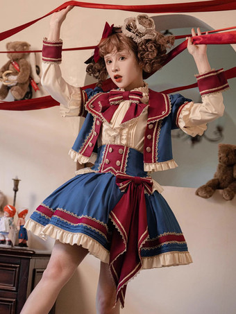 スイート ロリータ コート ディープ ブルー グロメット フリル ポリエステル トップ コート ロリータ アウター