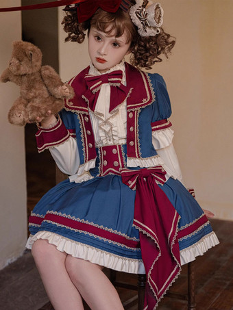 スイート ロリータ コート ディープ ブルー グロメット フリル ポリエステル トップ コート ロリータ アウター