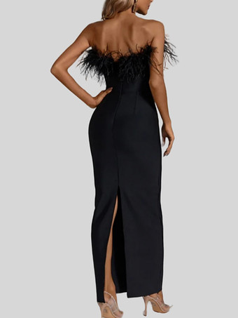 イブニングドレス シース ストラップレス ノースリーブ ジッパー スプリットフロント ストレッチ クレープ フォーマルパーティードレス