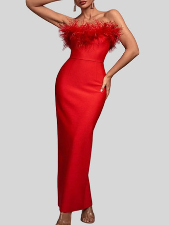 レッド イブニングドレス シース ストラップレス ノースリーブ ジッパー スプリットフロント ストレッチ クレープ フォーマルパーティードレス