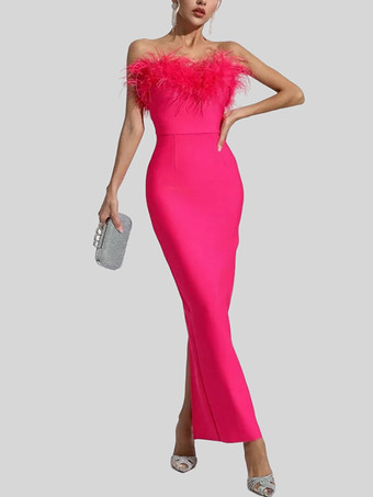 ローズレッドイブニングドレス シース ストラップレス ノースリーブ ジッパー スプリットフロント ストレッチ クレープ フォーマルパーティードレス