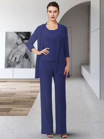 ブルーパーティードレス花嫁の母のためのジュエルネック七分袖シースレース床長さのゲストドレス結婚式のための