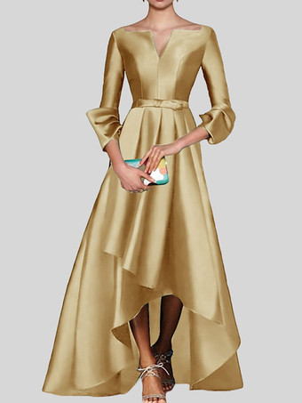 ゴールド イブニングドレス Aライン Vネック 七分袖 ジッパー プリーツ サテン生地 社交ページェントドレス