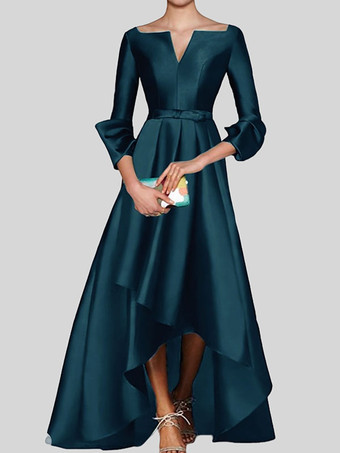 ティールイブニングドレス Aライン Vネック 七分袖 ジッパー プリーツ サテン生地 社交ページェントドレス