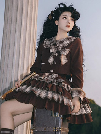 甘いロリータ衣装チョコレートチェック柄リボン長袖トップちょう結び