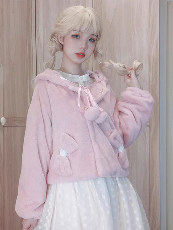 ピンク甘いロリータ コート ピンク リボン ポンポン オーバーコート ポリエステル 秋 ロリータ アウター
