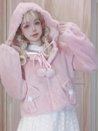 甘いロリータ コート ピンク リボン ポンポン オーバーコート ポリエステル 秋 ロリータ アウター