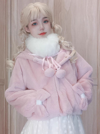 甘いロリータ コート ピンク リボン ポンポン オーバーコート ポリエステル 秋 ロリータ アウター