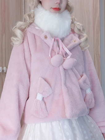 甘いロリータ コート ピンク リボン ポンポン オーバーコート ポリエステル 秋 ロリータ アウター