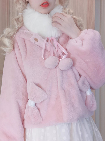 甘いロリータ コート ピンク リボン ポンポン オーバーコート ポリエステル 秋 ロリータ アウター