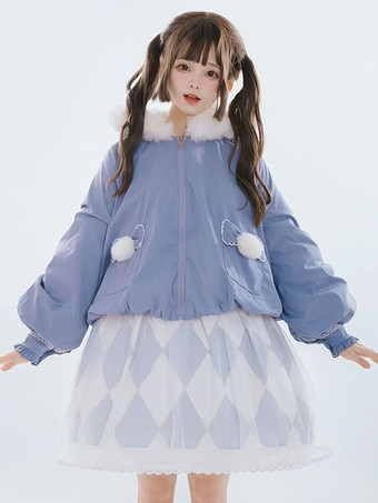 スイートロリータコートライトスカイブルーリボンオーバーコートポリエステル冬ロリータ生き抜く