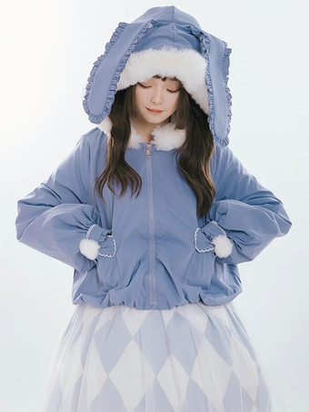スイートロリータコートライトスカイブルーリボンオーバーコートポリエステル冬ロリータ生き抜く
