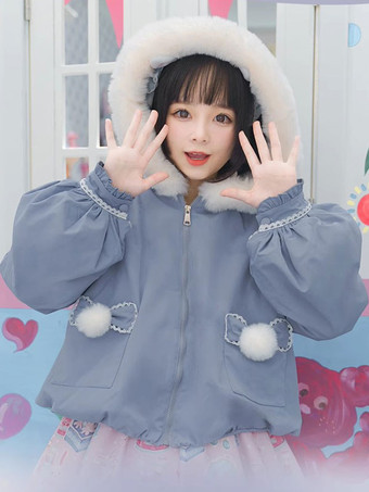 スイートロリータコートライトスカイブルーリボンオーバーコートポリエステル冬ロリータ生き抜く