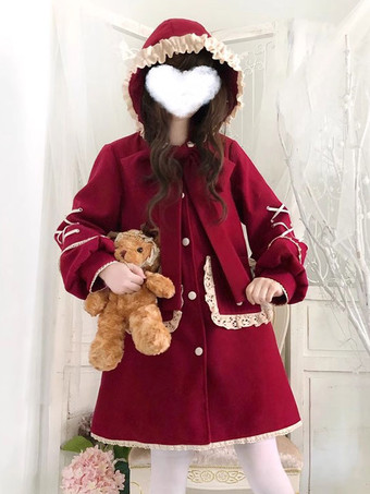 スイートロリータ コート バーガンディ リボン フリル オーバーコート ポリエステル 秋 ロリータ アウター